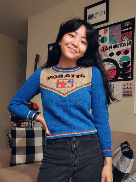 9 more images showing different versions of the Jackpot Jersey made by test knitters