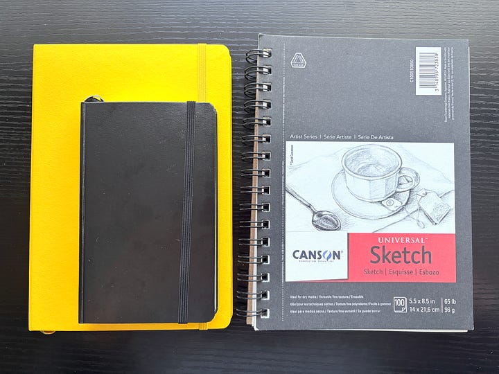 photo of cartoonist sketchbooks, old and new, by Connie Sun 2026