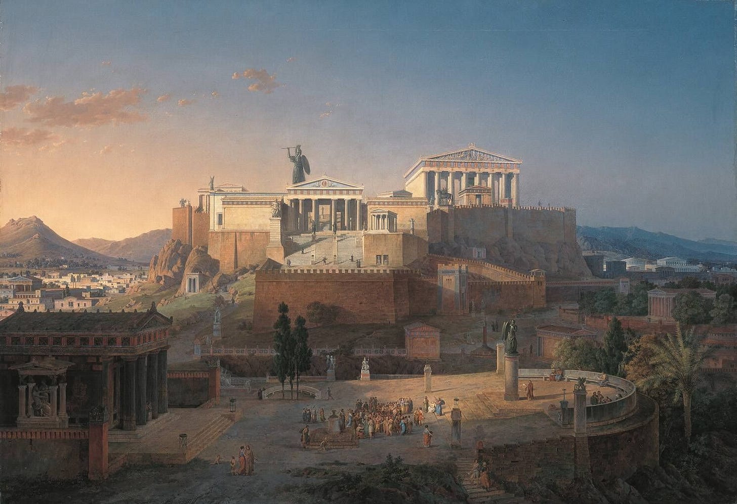 A 19th-century painting depicting the Acropolis of Athens, capturing the grandeur of classical architecture.