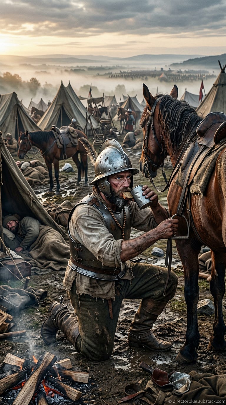 IMAGE PROMPT FOR HISTORIC REENACTMENT EDUCATIONAL SERIES (Battle of Vienna 1683) Photorealistic 9x16 vertical cinematic shot of a gritty 17th-century Polish hussar camp at dawn on Kahlenberg Hill slopes hyper-realistic details including dew-_image_1