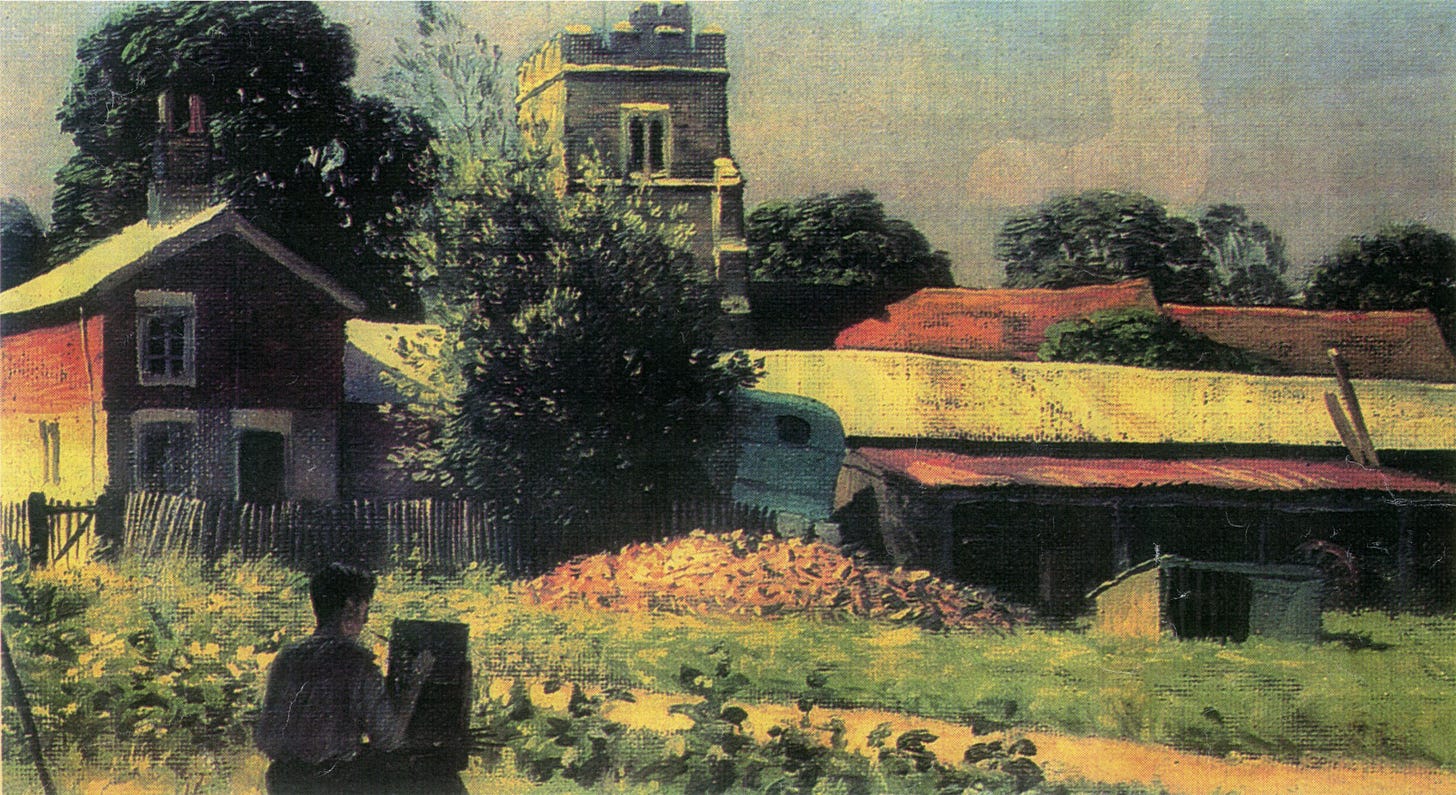 East Mersea Church - painting by a well known artist, done whilst he was at East Mersea on military service. It is thought this was reproduced postcard size in The Independent newspaper about around 2000.

April 2010, the following information came from the V&A Museum.

This painting is by Rex Whistler (1905-1944), oil on canvas board, 23.5 x 31.3 cm. It is inscribed on the back: 'East ...
Cat1 Art-->Other Artists Cat2 Mersea-->Buildings Cat3 Mersea-->East