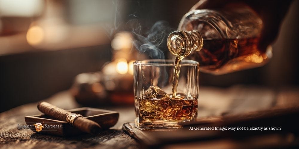 A person’s hand pouring whiskey into a glass, with a lit cigar resting in an ashtray beside it, creating a refined pairing ritual in a cozy, luxurious setting. A person’s hand pouring whiskey into a glass, with a lit cigar resting in an ashtray beside it, creating a refined pairing ritual in a cozy, luxurious setting.