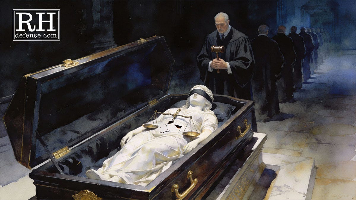 A robed judge stands beside an open coffin holding Lady Justice, her scales resting on her chest, while a line of judges recedes into the background.