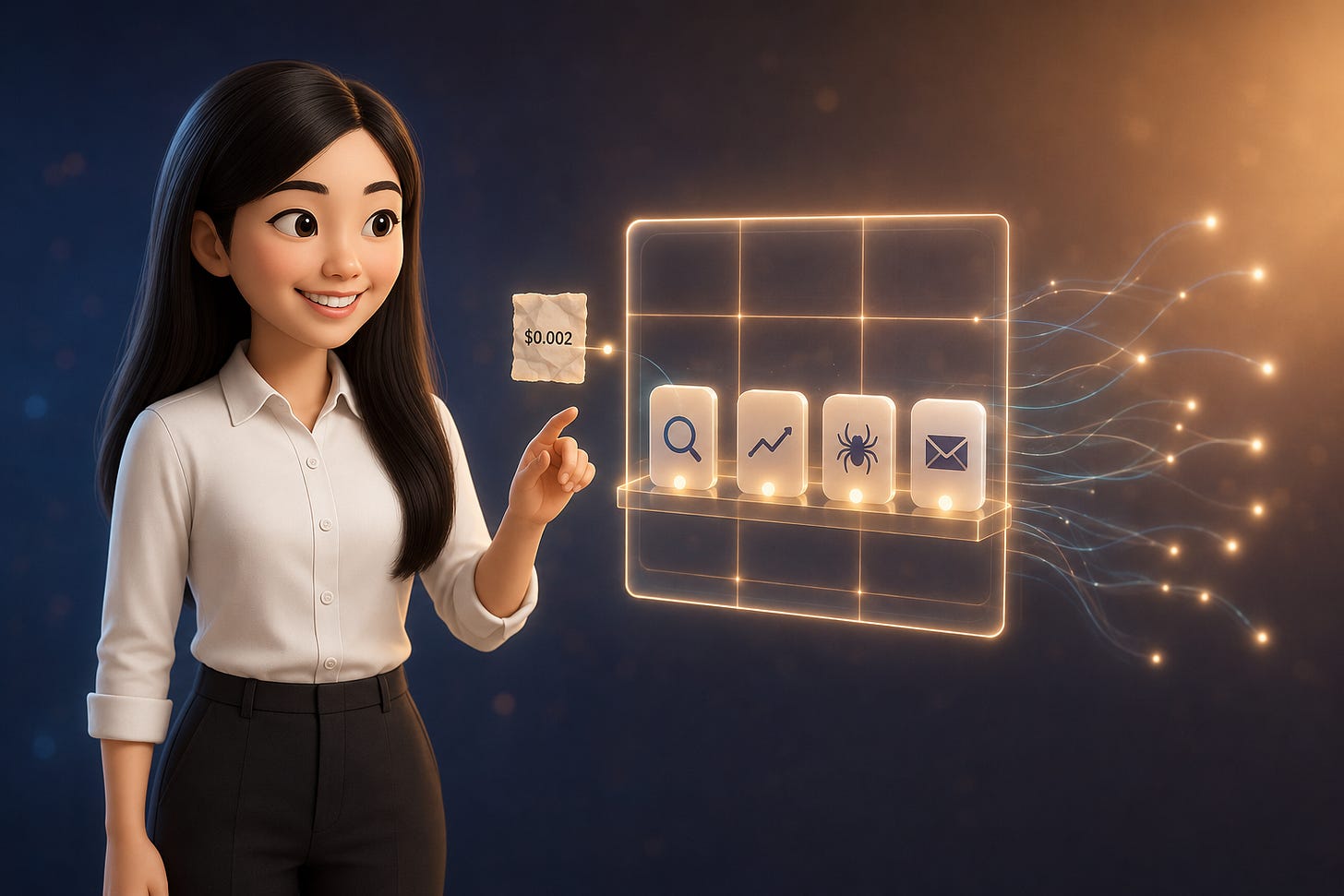 Pixar-style 3D illustration of Jenny Ouyang from Build to Launch with one hand raised toward a glowing marketplace grid of AI tool-cards, thin transaction lines extending outward with micro-payment dots, and a small $0.002 receipt floating nearby, representing the pay-per-result economy where AI agents buy tools by the result