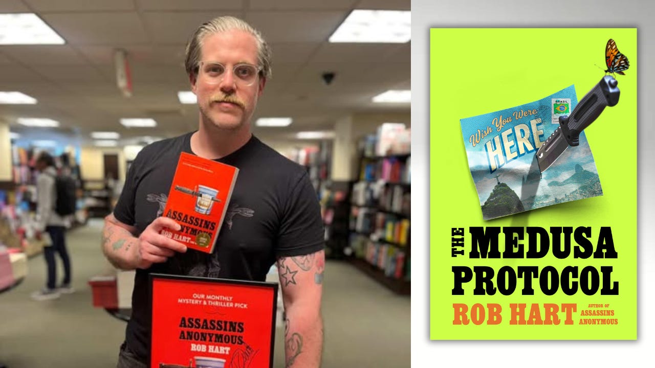 thriller author rob hart with books assassins anonymous and cover of the medusa protocol thriller author rob hart with books assassins anonymous and cover of the medusa protocol