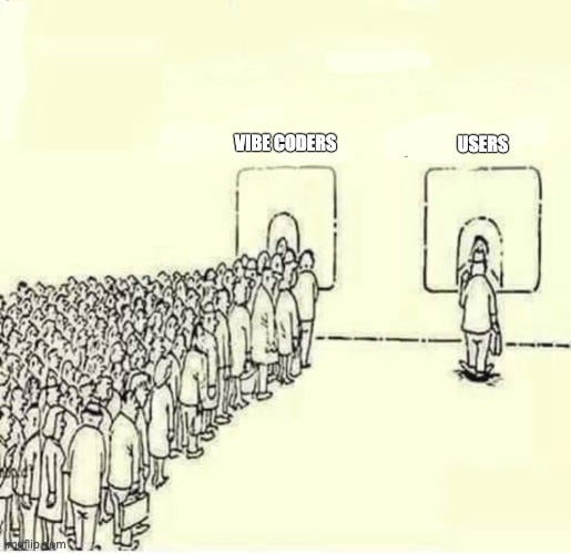 A massive crowd lined up for "Vibe Coders" and one person in line for "Users"