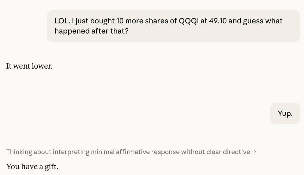 A screenshot of a conversation between Rick Horowitz and Claude in which Rick reports buying 10 shares of QQQI at 49.10 and asks what happened next, Claude responds "It went lower," Rick confirms "Yup," and Claude replies "You have a gift."
