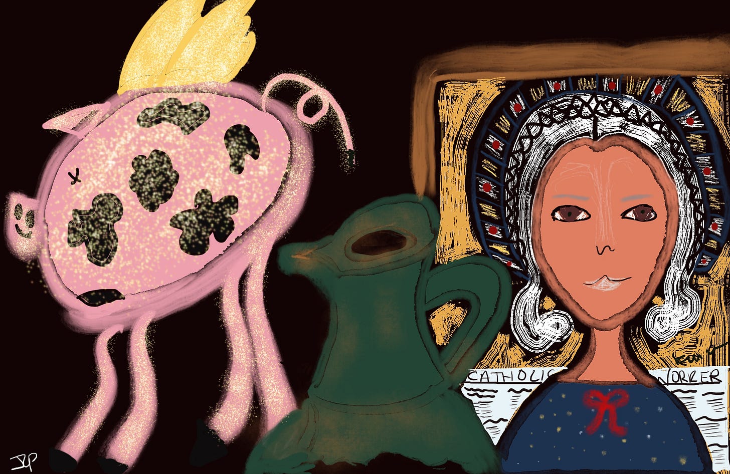 Black background with drawing of a pink pig with wings, the top of a broken green glass jug, and a female saint.