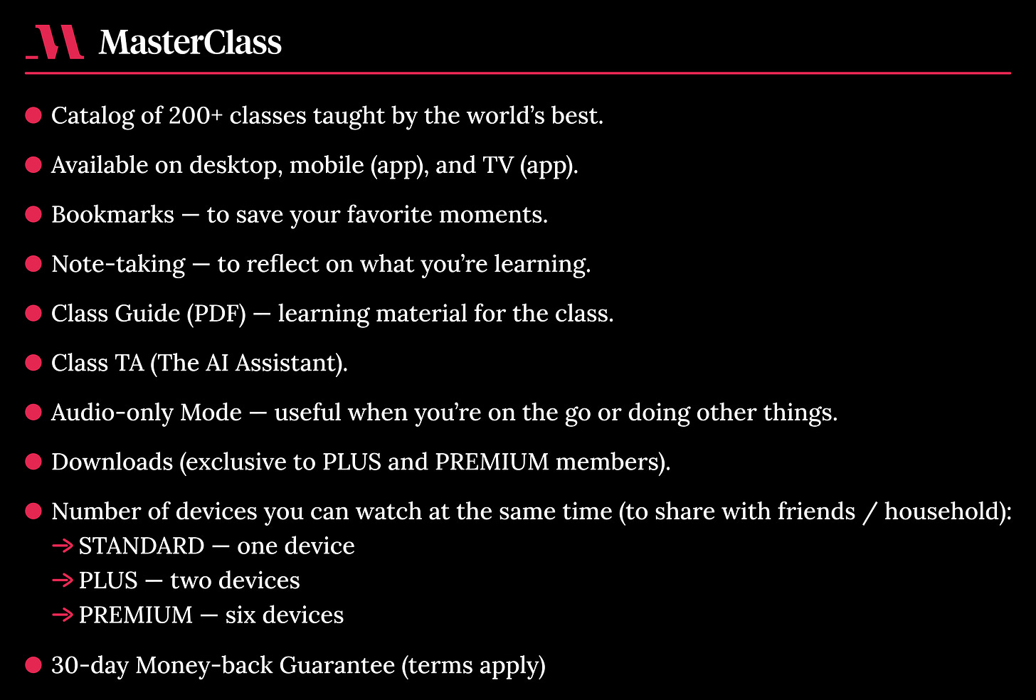 MasterClass (summary table)