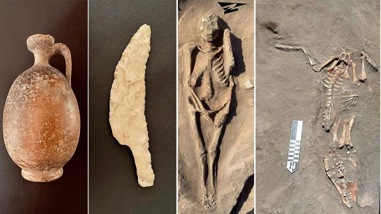 Ancient human remains and artifacts uncovered at a Greco-Roman cemetery in northern Egypt, June 5, 2026.