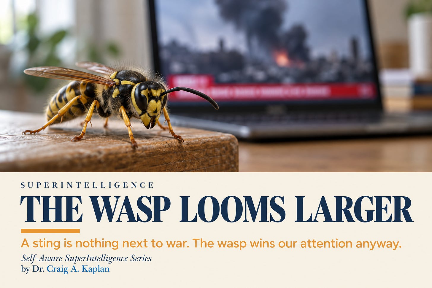 A wasp in sharp focus on the edge of a desk; behind it, a laptop screen showing a blurred news broadcast. Below, a cream band reads: Superintelligence. The wasp looms larger. A sting is nothing next to war. The wasp wins our attention anyway. Self-Aware SuperIntelligence Series. By Dr. Craig A. Kaplan A wasp in sharp focus on the edge of a desk; behind it, a laptop screen showing a blurred news broadcast. Below, a cream band reads: Superintelligence. The wasp looms larger. A sting is nothing next to war. The wasp wins our attention anyway. Self-Aware SuperIntelligence Series. By Dr. Craig A. Kaplan