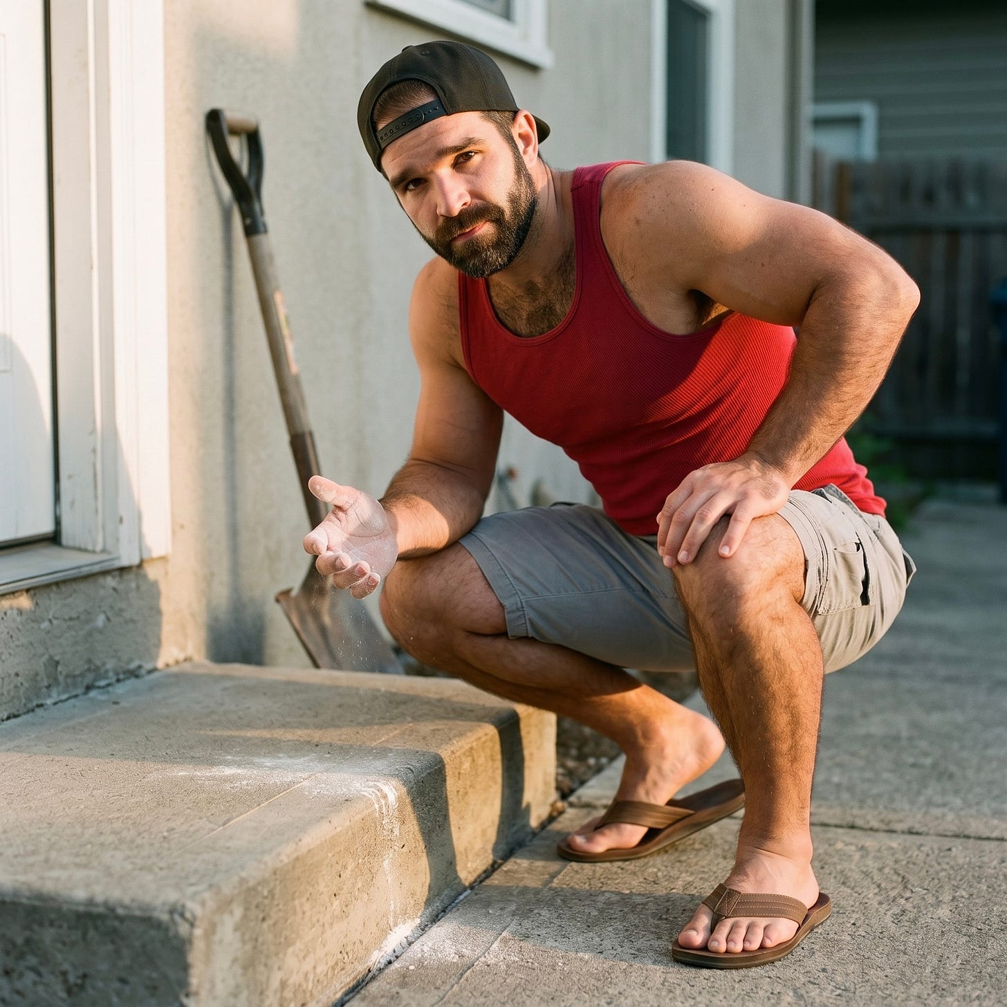 Mitch, wearing his signature black backwards cap, squats next to his back step with a smug expression after correctly applying natural ant bait. Mitch, wearing his signature black backwards cap, squats next to his back step with a smug expression after correctly applying natural ant bait.