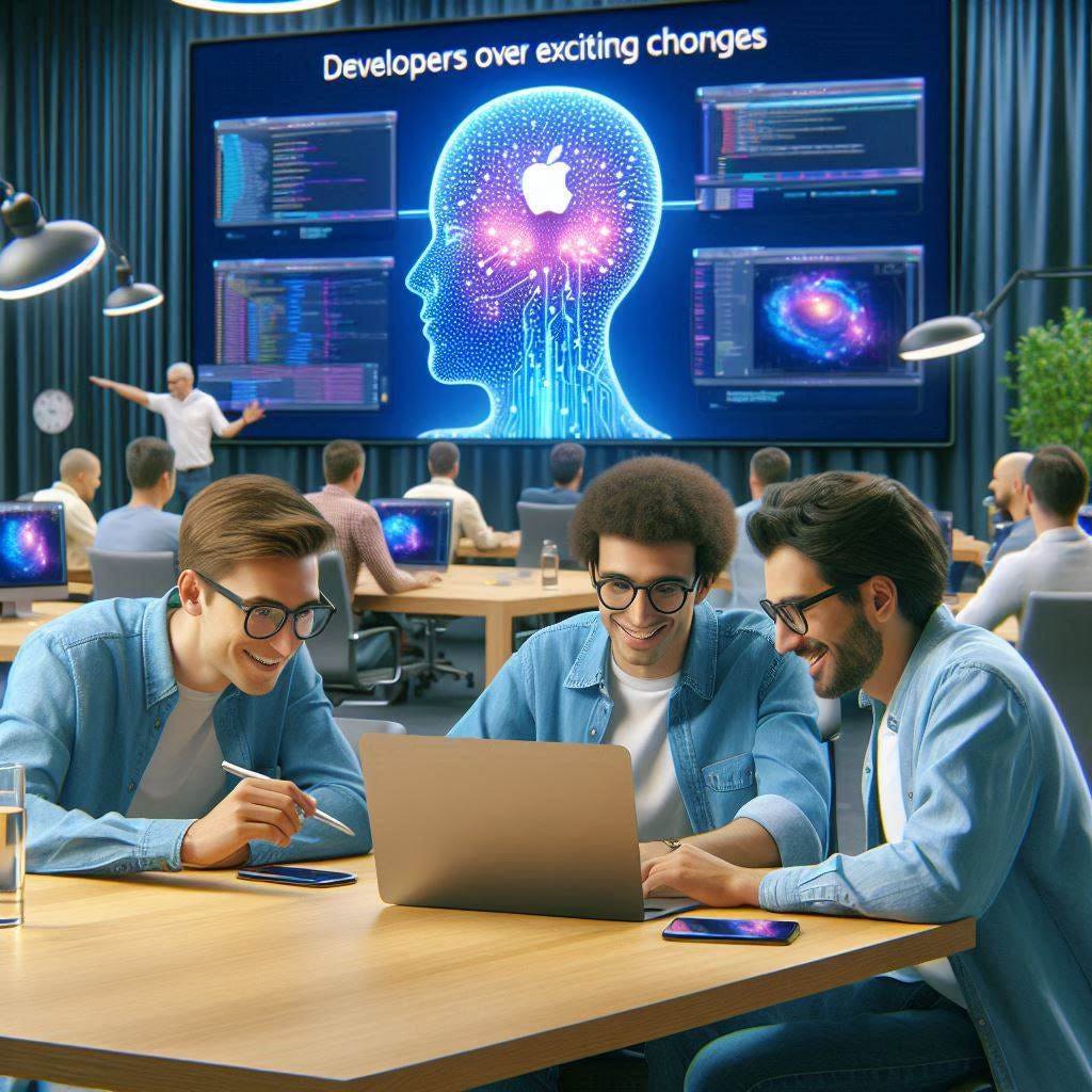 Developers working on the new changes introduced in Apple WWDC 2024, generated using Bing/DALL-E 3