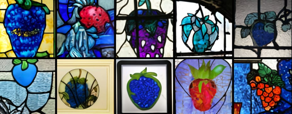 Imagem mostra um mosaico de criações, parecendo pinturas abstratas, com formas que lembram morangos sobre vitrais (vidros de catedrais e igrejas). 