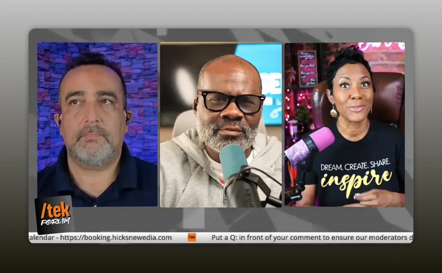 Three-up live stream layout showing three hosts, microphones and platform interface