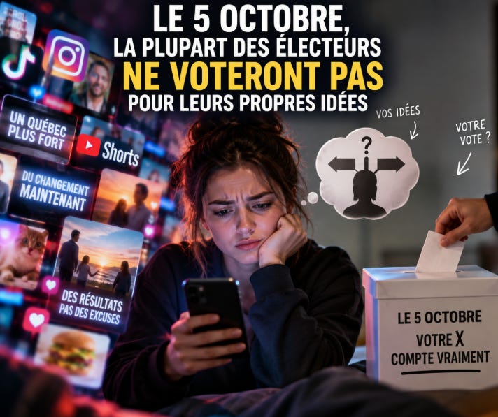 Élections Québec 2026 : électrice devant son téléphone avant de voter le 5 octobre