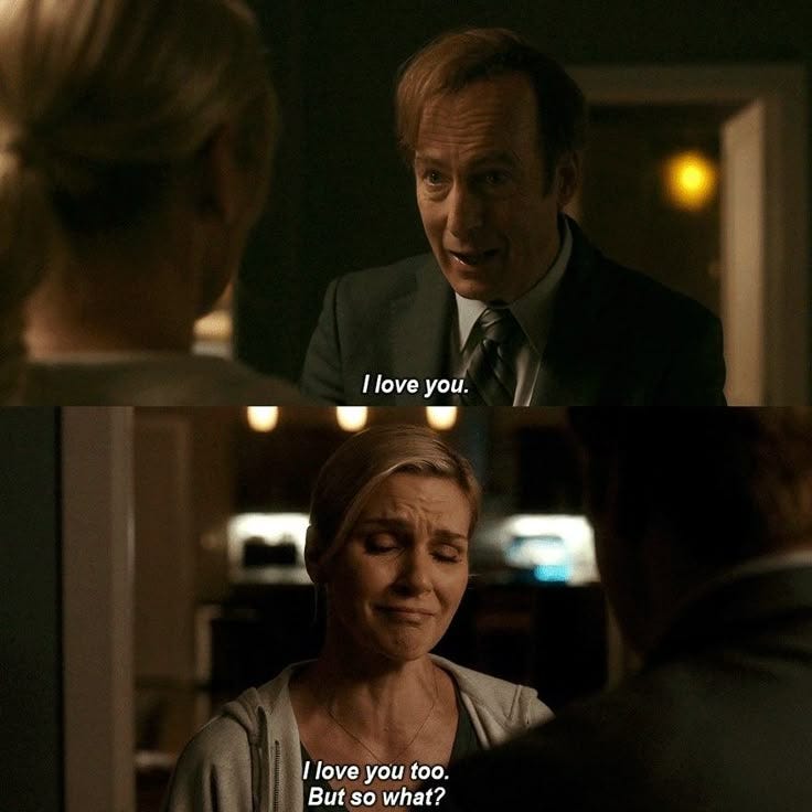 This may contain: a man and woman talking to each other in a room with the caption i love you, but so what? This may contain: a man and woman talking to each other in a room with the caption i love you, but so what?