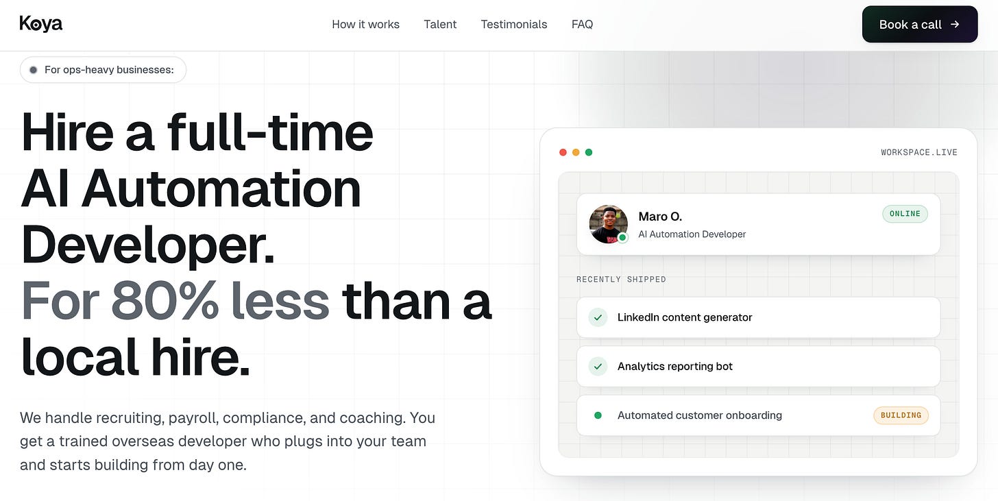 Koya homepage offering full-time AI automation developers for 80% less than a local hire, with recruiting, payroll, compliance, and coaching handled