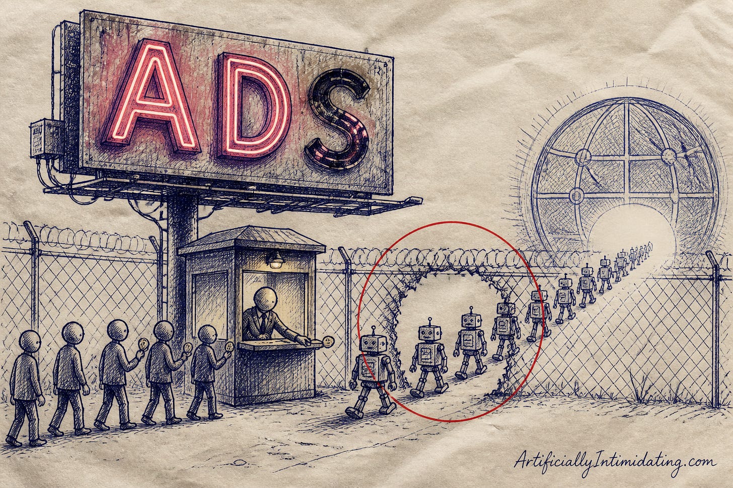 A hand-drawn illustration of a roadside ADS billboard flickering off above a human tollbooth, while a line of small robots walks through a hole cut in the fence beside it, straight into a glowing globe-shaped tunnel. A hand-drawn illustration of a roadside ADS billboard flickering off above a human tollbooth, while a line of small robots walks through a hole cut in the fence beside it, straight into a glowing globe-shaped tunnel.