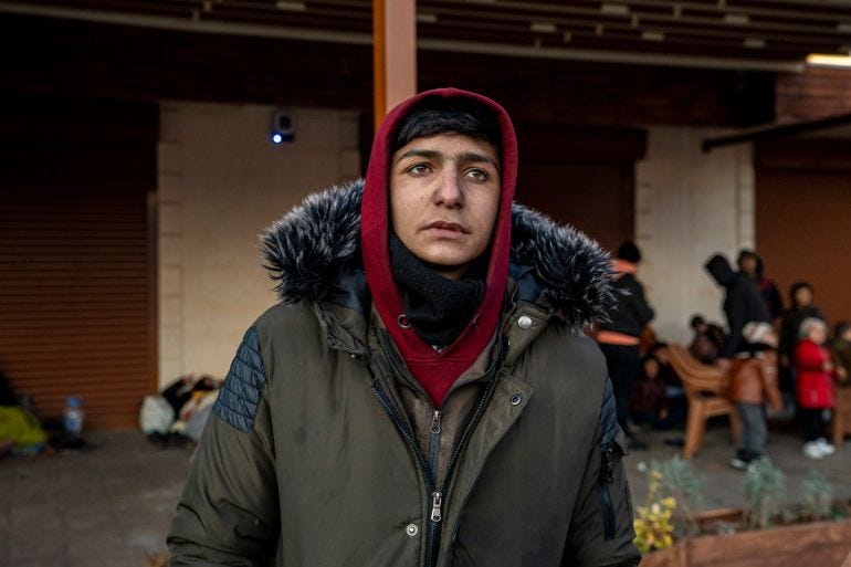 Ahmad al-Rifai, 21, says the current situation reminds him of the evacuation days in his hometown of Aleppo in 2016, when thousands of people inundated the streets leaving en masse Ahmad al-Rifai, 21, says the current situation reminds him of the evacuation days in his hometown of Aleppo in 2016, when thousands of people inundated the streets leaving en masse