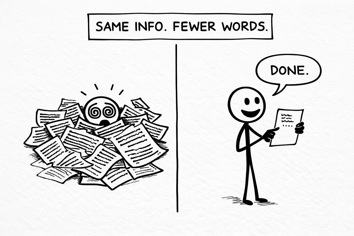Black and white stick figure before/after illustration. Left side shows a stick figure with spiral eyes drowning in a pile of papers, labeled "SAME INFO. FEWER WORDS." Right side shows the same stick figure smiling, holding a single page, saying "DONE."