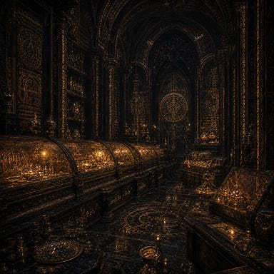 Unplundered treasury beneath the Amber Temple, untouched gold and relics sealed under glowing amber glass, towering black stone vaults, runes of warding shimmering in the gloom, oppressive Barovian gothic atmosphere
