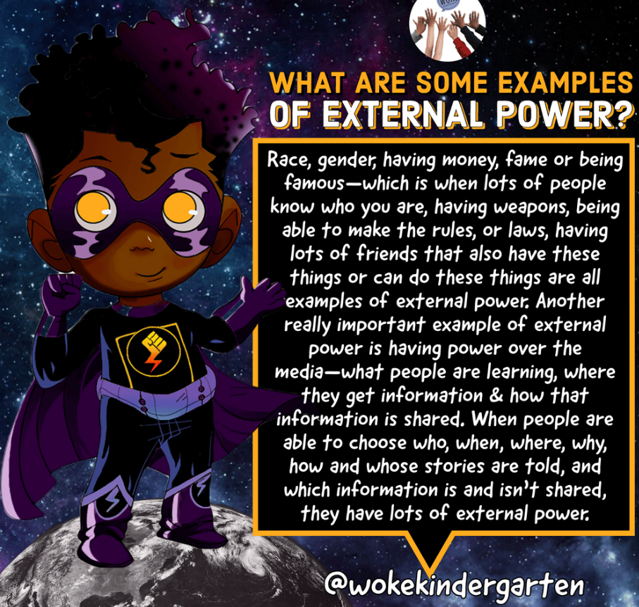 What are some examples of External Power? Race, gender, having money, fame or being famous -- which is when lots of pepoleknow who you are, having weapons, being able to make the rule, or laws, having lots of friends that also have these things or can do tese things are all examples of external ower. Another really important example o external ower is having ower over he media -- what people are learning, where they get information and how that information is shared. When people are able to chooose who, when, where, why, how and whose stories are told, and which information is and isn't shared, they have lots of external powerr What are some examples of External Power? Race, gender, having money, fame or being famous -- which is when lots of pepoleknow who you are, having weapons, being able to make the rule, or laws, having lots of friends that also have these things or can do tese things are all examples of external ower. Another really important example o external ower is having ower over he media -- what people are learning, where they get information and how that information is shared. When people are able to chooose who, when, where, why, how and whose stories are told, and which information is and isn't shared, they have lots of external powerr