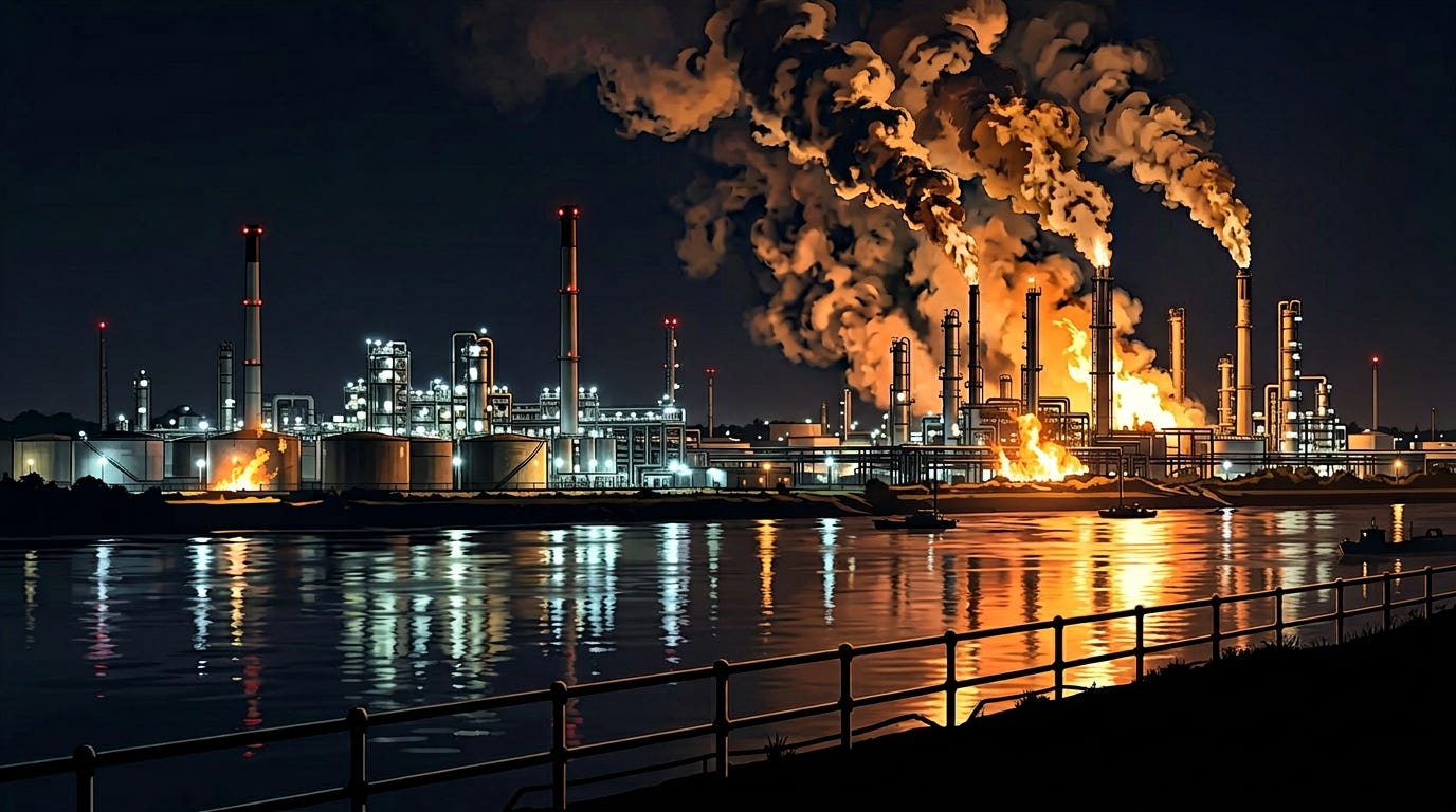 Stylized landscape of a generic industrial refinery fire at night over a river.