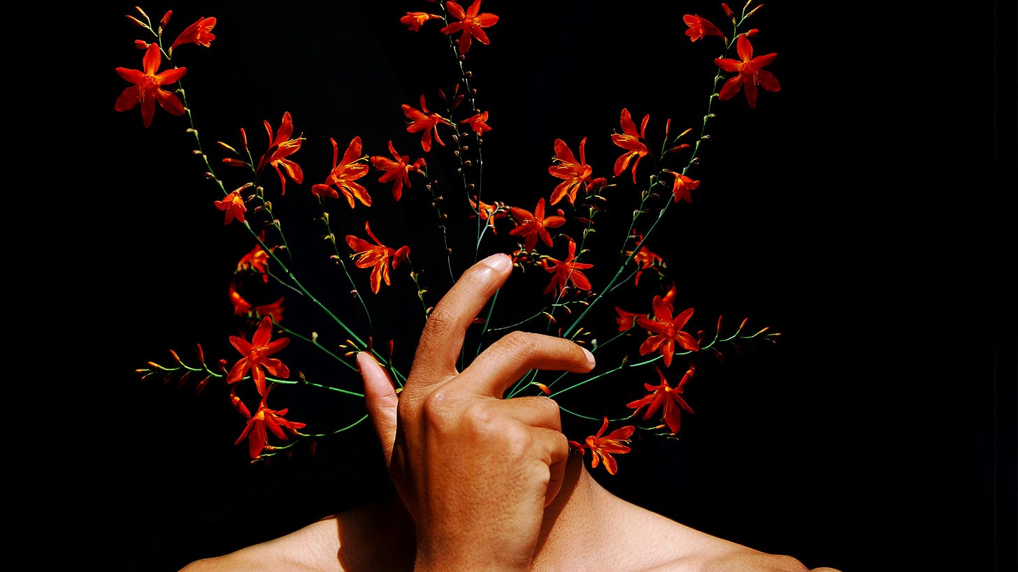 Hand holding onto face with flowers sprouting out