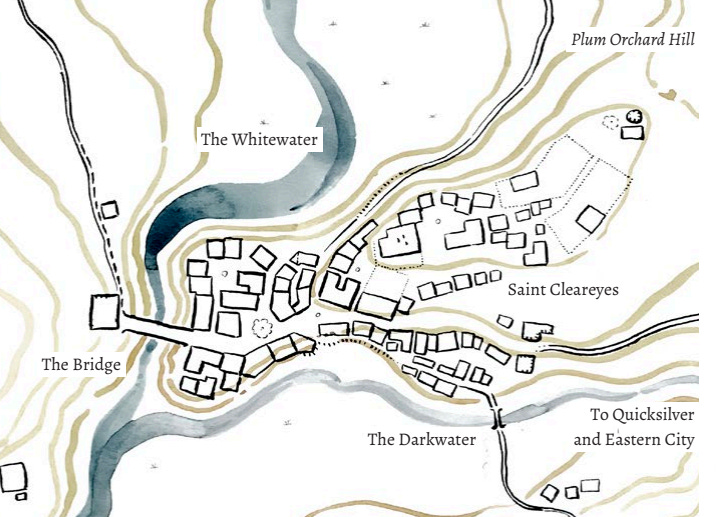 A sketched top view map of a medieval town and the surrounding area.