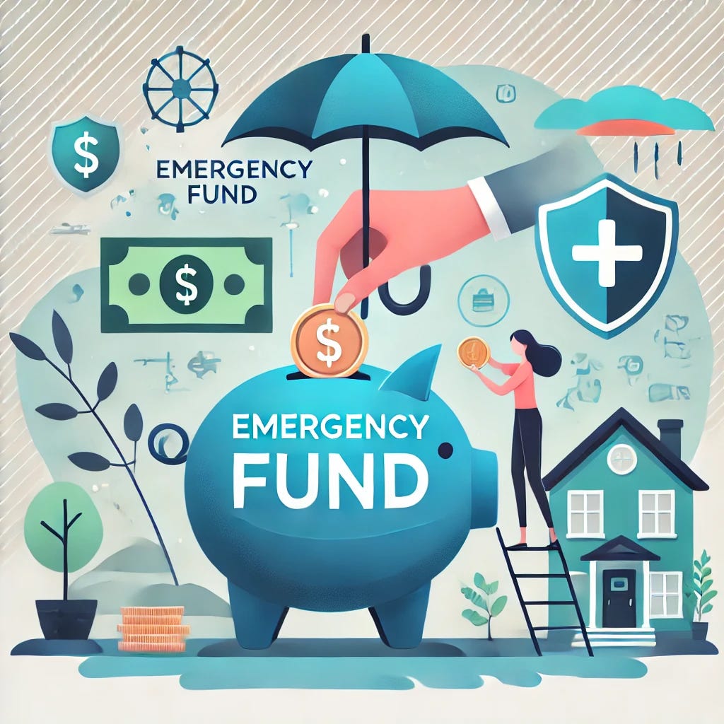 An illustration representing building an emergency fund, featuring a person placing coins into a large piggy bank labeled 'Emergency Fund.' The background includes a calming and secure atmosphere with symbols of safety, like an umbrella and shield, and a modern home setting with tones of green and blue representing financial security.