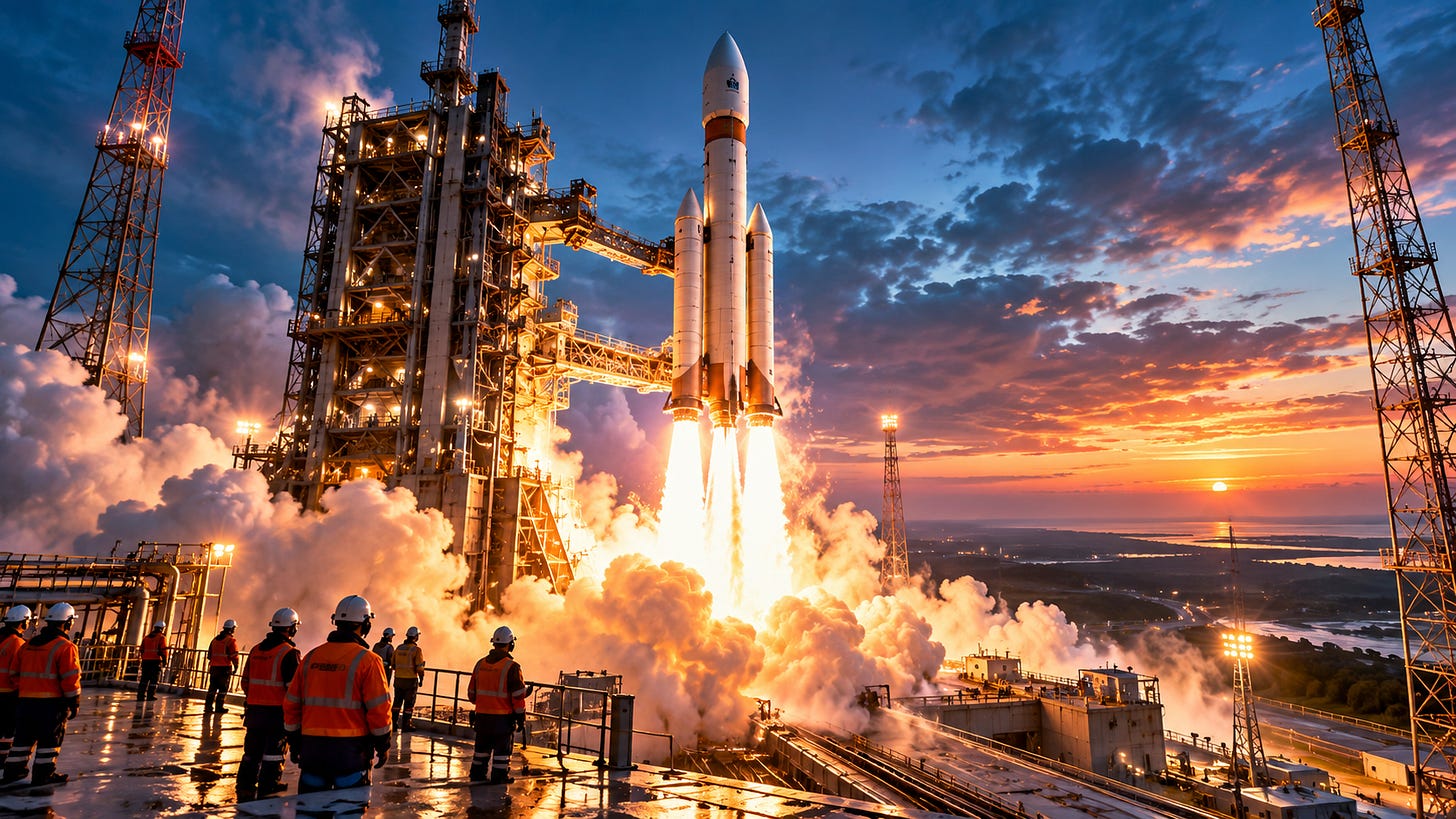 Rocket launches from a prepared platform, symbolizing Native AOT's fast startup and lean deployment. 