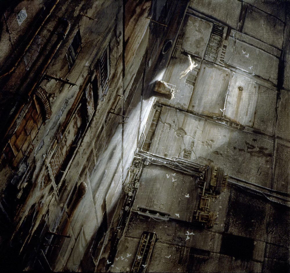 A low angle, slightly tilted perspective looking up an immense chamber. The walls of segmented concrete are dilapidated and filthy. As light shines down into the cavernous space, a solitary figure leaps off his makeshift perch into open air with arms spread wide. Below, a flock of doves stirs with the commotion, fluttering up through the chamber.