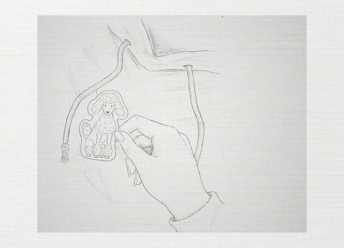 Pencil sketch of a female hand putting a poodle sticker on a hooded sweatshirt