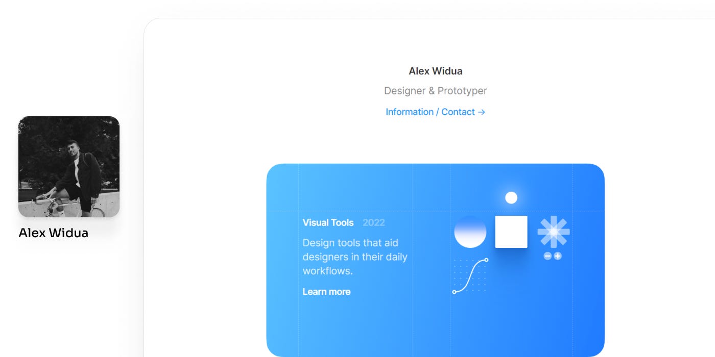 Alex Widua's profile image and a screenshot of his portfolio