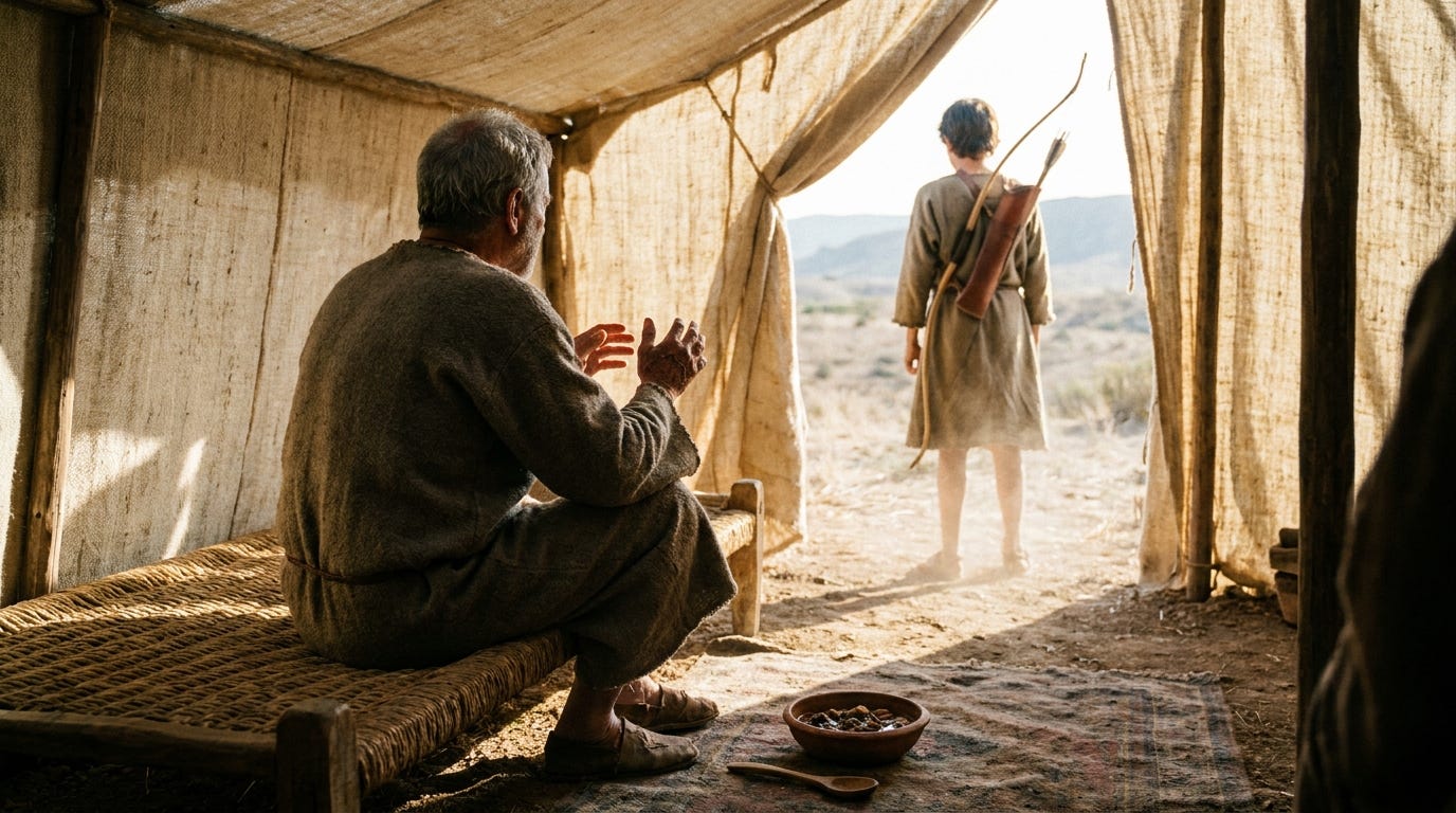 An old man trembling on a low bed inside a sunlit goat-hair tent as a hunter with a bow stands in the doorway, a bowl of stew on the mat, faces hidden, no text An old man trembling on a low bed inside a sunlit goat-hair tent as a hunter with a bow stands in the doorway, a bowl of stew on the mat, faces hidden, no text
