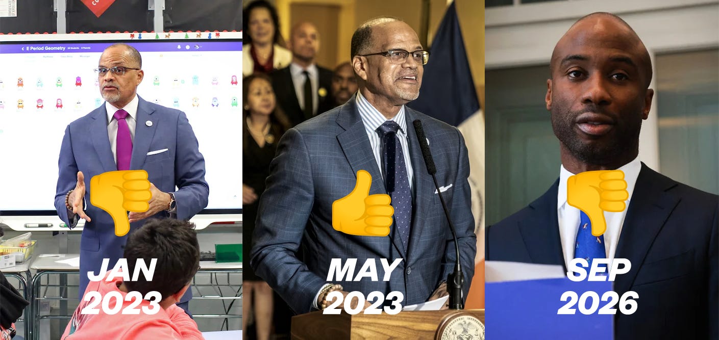 An image showing three moments where NYC school chancellors have banned, unbanned, and rebanned AI in schools.