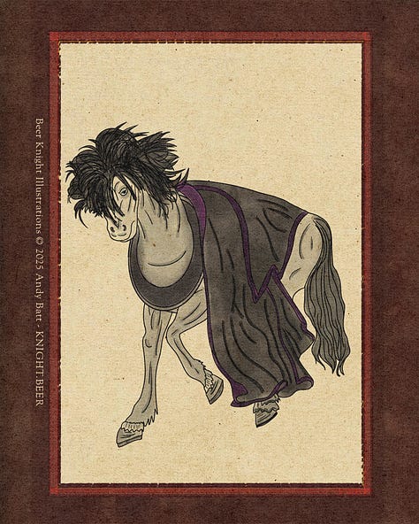 Hand drawn illustrations for The Dark Knight of the Soul, riding Richmond the Goth Horse, wielding the Stoutbringer, Drinker of Souls