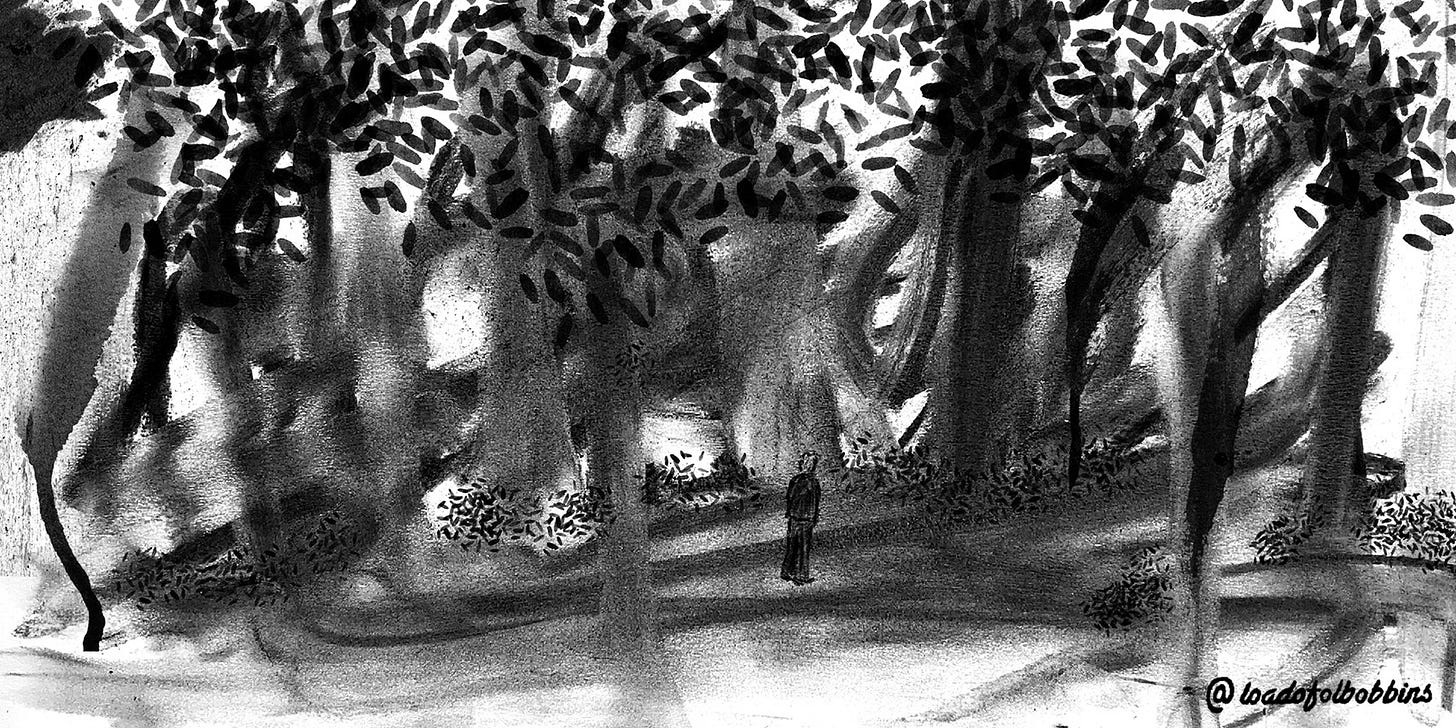 A black and white illustration showing smudged charcoal finger marks that have become an atmospheric dark forest with brush mark leaves. In the middle of this forest is a lone small figure.