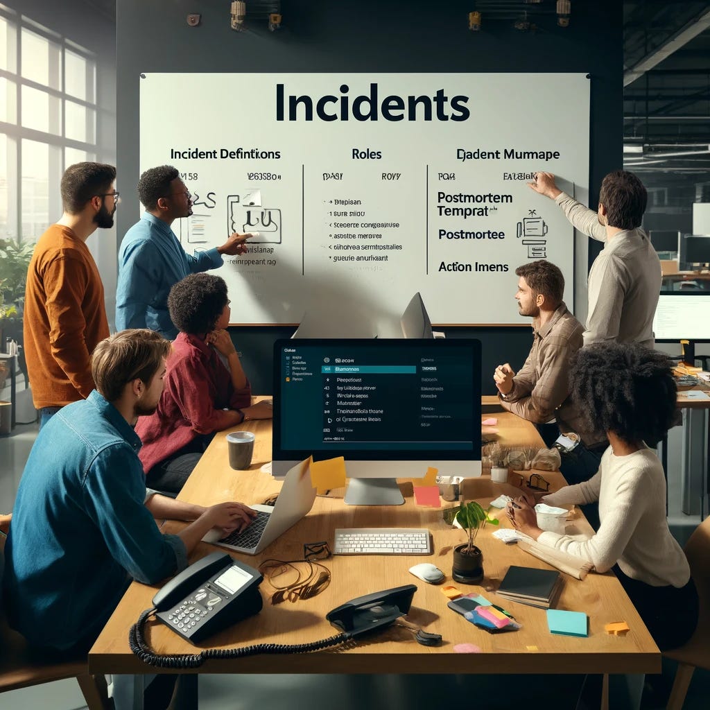 A small team of diverse professionals in a modern office setting, gathered around a computer screen, collaborating efficiently on incident management. The scene includes a visible Slack channel on a monitor labeled '#incidents', a phone on the table with a sticky note showing a dedicated number, and a whiteboard in the background with clear headings: 'Incident Definitions', 'Roles', 'Live Updates', 'Postmortem Template', and 'Action Items'. The atmosphere is focused but positive, indicating teamwork and effective communication.