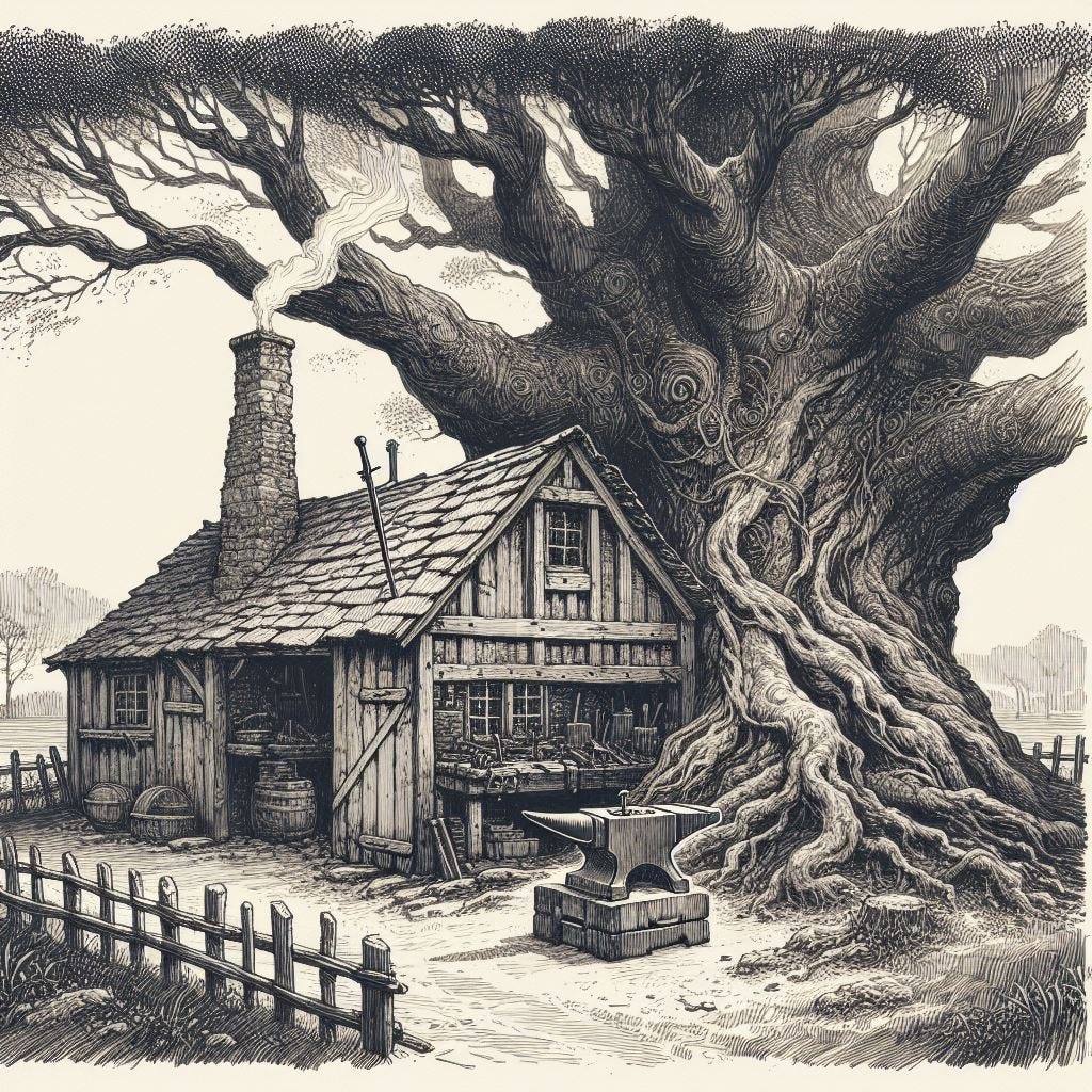 line drawing of blacksmith shop under a large tree 