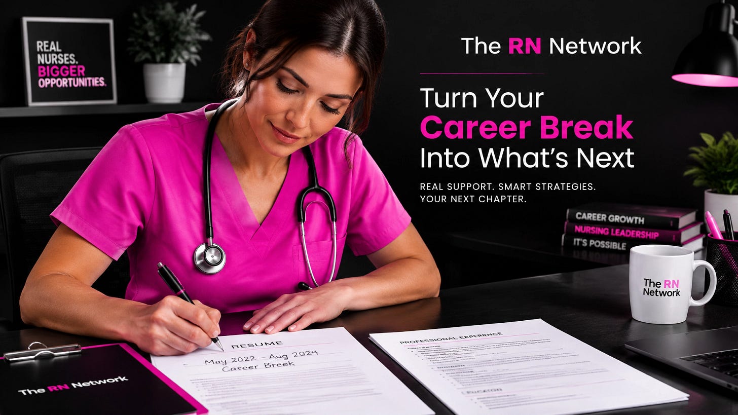 Nurse in pink scrubs writing a dated career-break entry on a resume at a black desk