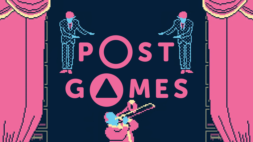 The Post Games logo surrounded by businessmen and a trombone player from Titanium Court