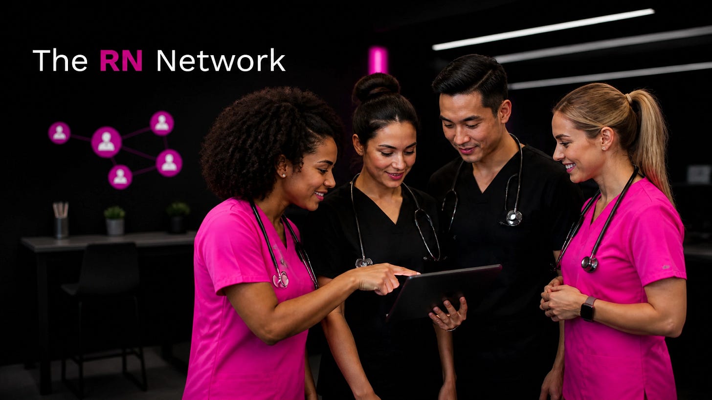 A diverse team of four registered nurses dressed in branded black and magenta scrubs