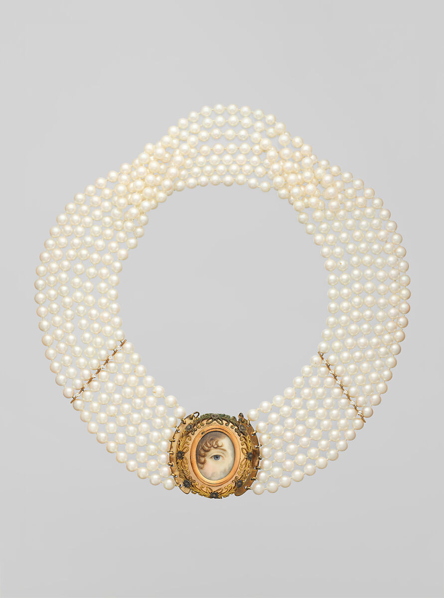Lover's Eye necklace, Watercolor on ivory set in a gold case attached to a seven strand pearl necklace, Probably British Lover's Eye necklace, Watercolor on ivory set in a gold case attached to a seven strand pearl necklace, Probably British