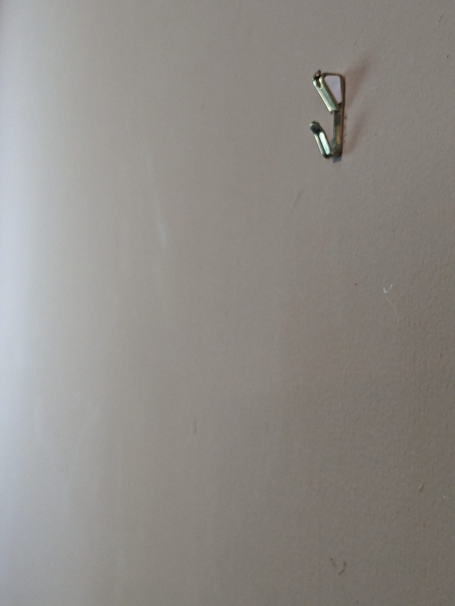 A photograph of a single picture hook hanging on an otherwise blank beige wall.