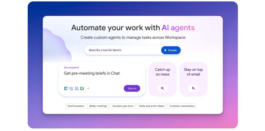 Google Workspace Flows interface showing "Automate your work with AI agents" header with input field to describe tasks for Gemini and example agent cards for pre-meeting briefs, catching up on news, and staying on top of email