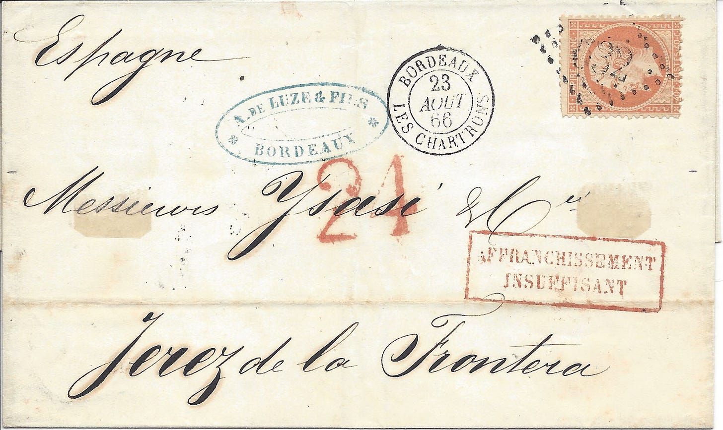 1866 folded letter from France to Spain