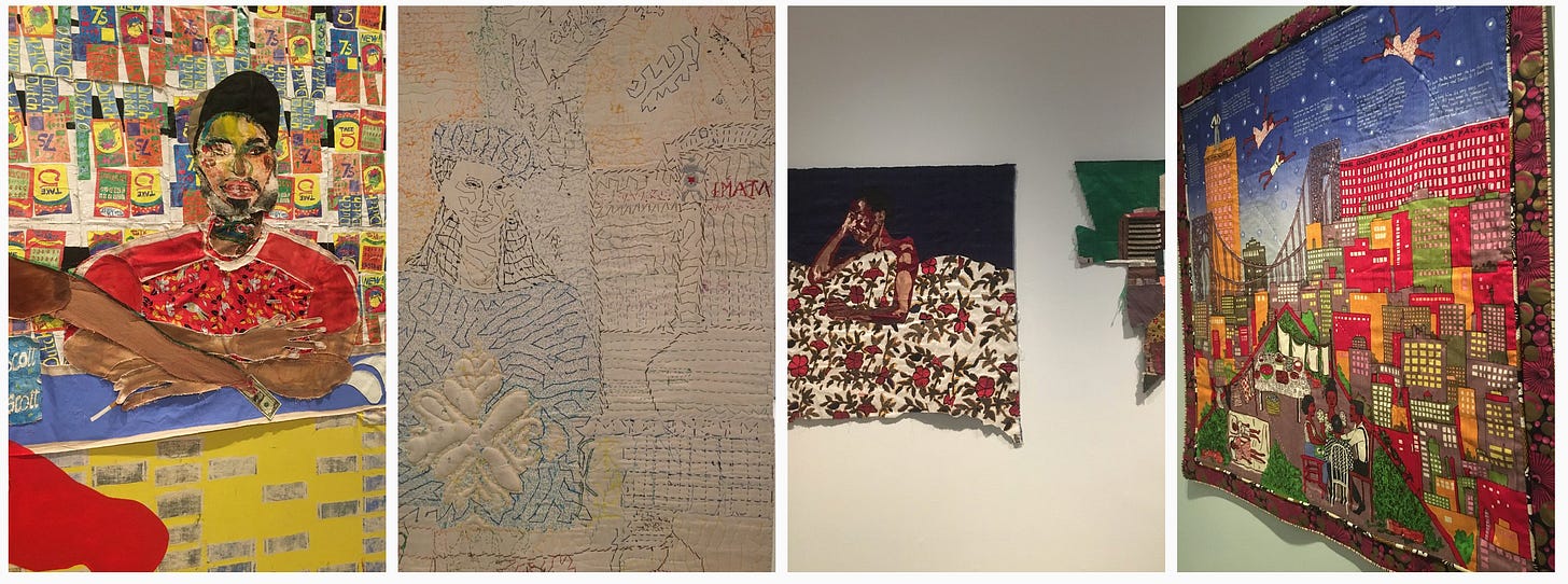 1. Tschabalala Self; 2. Pacita Abad (back of work); 3. Billie Zangewa; 4. Faith Ringgold.