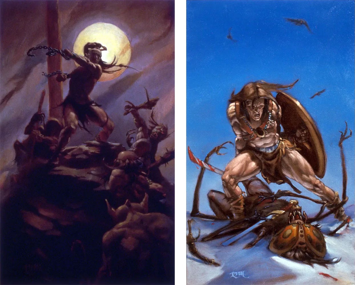 LEFT: Backlit by a full moon, a warrior breaks the chains binding him. His long topknot swings with him motion as he uses the chains to fend off the monsters surrounding the hill he stands on.  RIGHT: With bloody sword and shield, a rugged barbarian with long brown hair stands over a vanquished insectile foe that is half buried in the snow. As he straddles the enemy in wide stance with powerful thighs flexed, Kull's mouth hangs open and his cheeks stretch in a primal scream. He wears a ragged loin cloth that hangs low from a belt with metal buckle. A y-shaped strap crosses his chest. His boots are banded leather. Carrion seeking birds fly overhead in blue sky.